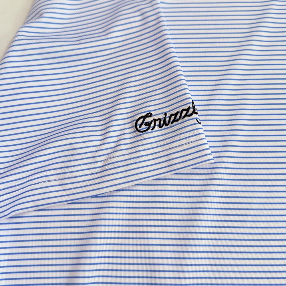 Grizzly Golf Polo Shirt Mens Large Blue White Stripe Performance Bear preppy - Picture 4 of 8